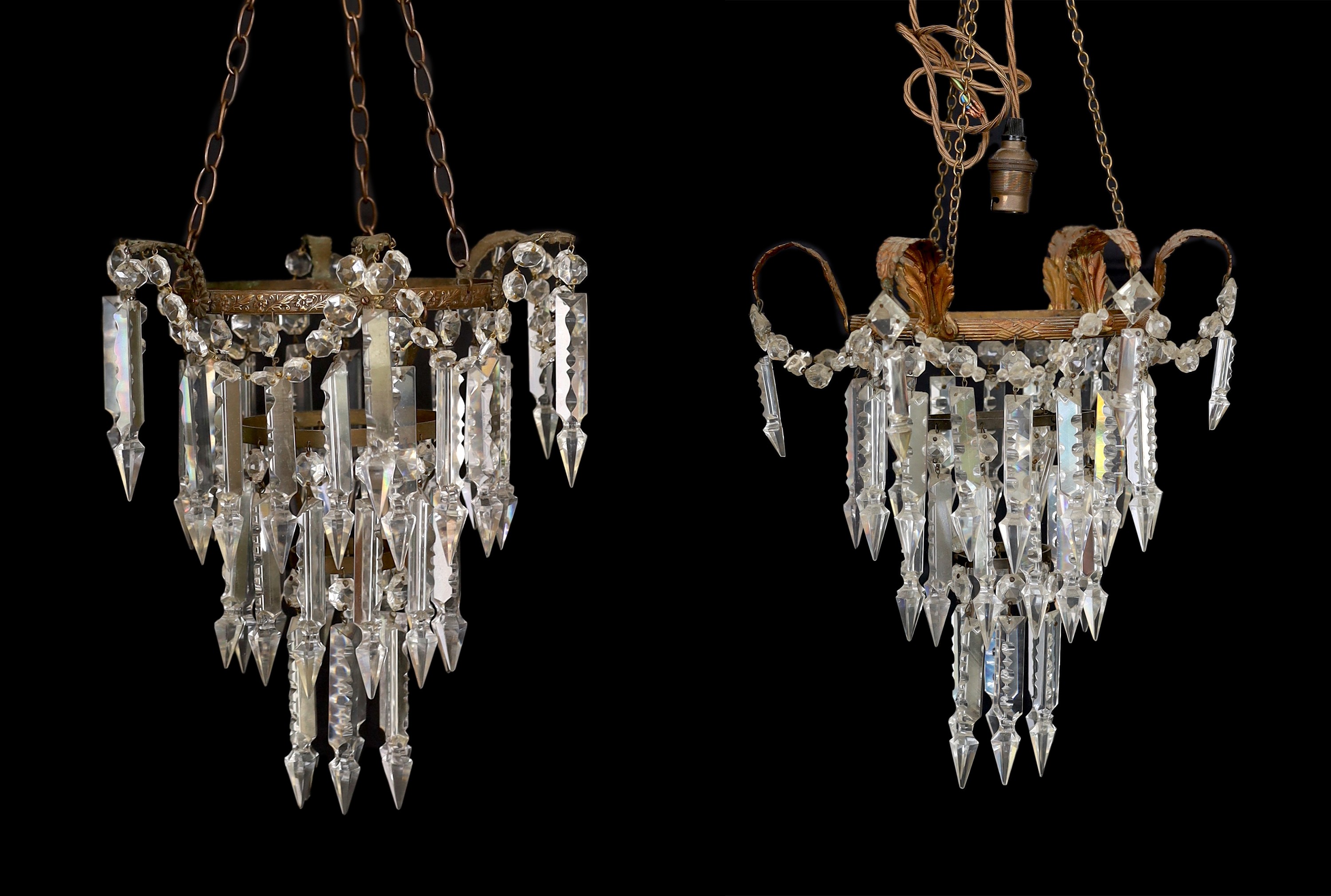 A pair of early 20th century art glass three light lustre light fittings with spear shaped drops, height 59cm. width 35cm